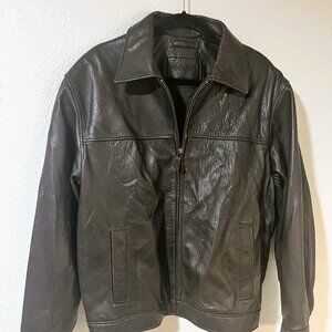 Vtg Round Tree & Yorke Men's Grained Brown Leather Bomber Jacket Lined Zip Front
